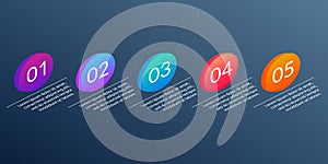 5 steps, option or levels info graphic design with five 3d or isometric circles and business icons.